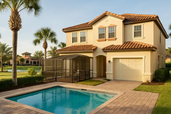 Reunion Champions Gate Disney corridor vacation rental exterior with pool